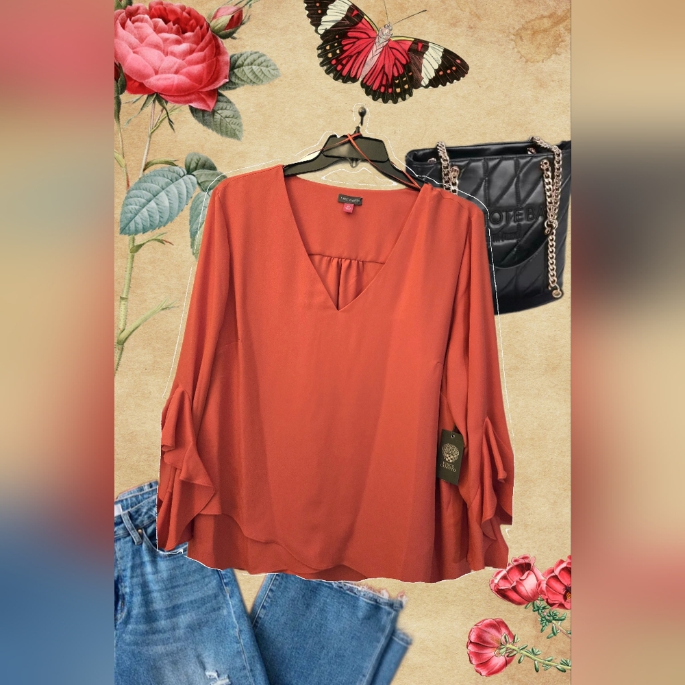Vince Camuto NWT V-neck Flutter Sleeve Blouse Red Plus Size 3X
